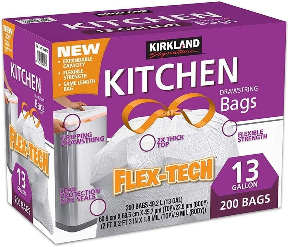 Kirkland Signature 13 Gallon 200 Ct Carton 100% recyclable Heavy Duty Drawstring Kitchen Trash Bags