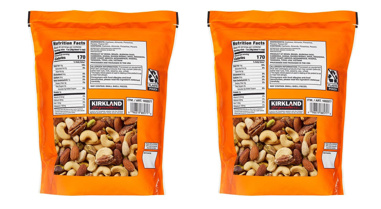 Kirkland Signature QNKDQK Extra Fancy Unsalted Mixed Nuts 2.5 (LB), 2 Pack of 40 Ounce