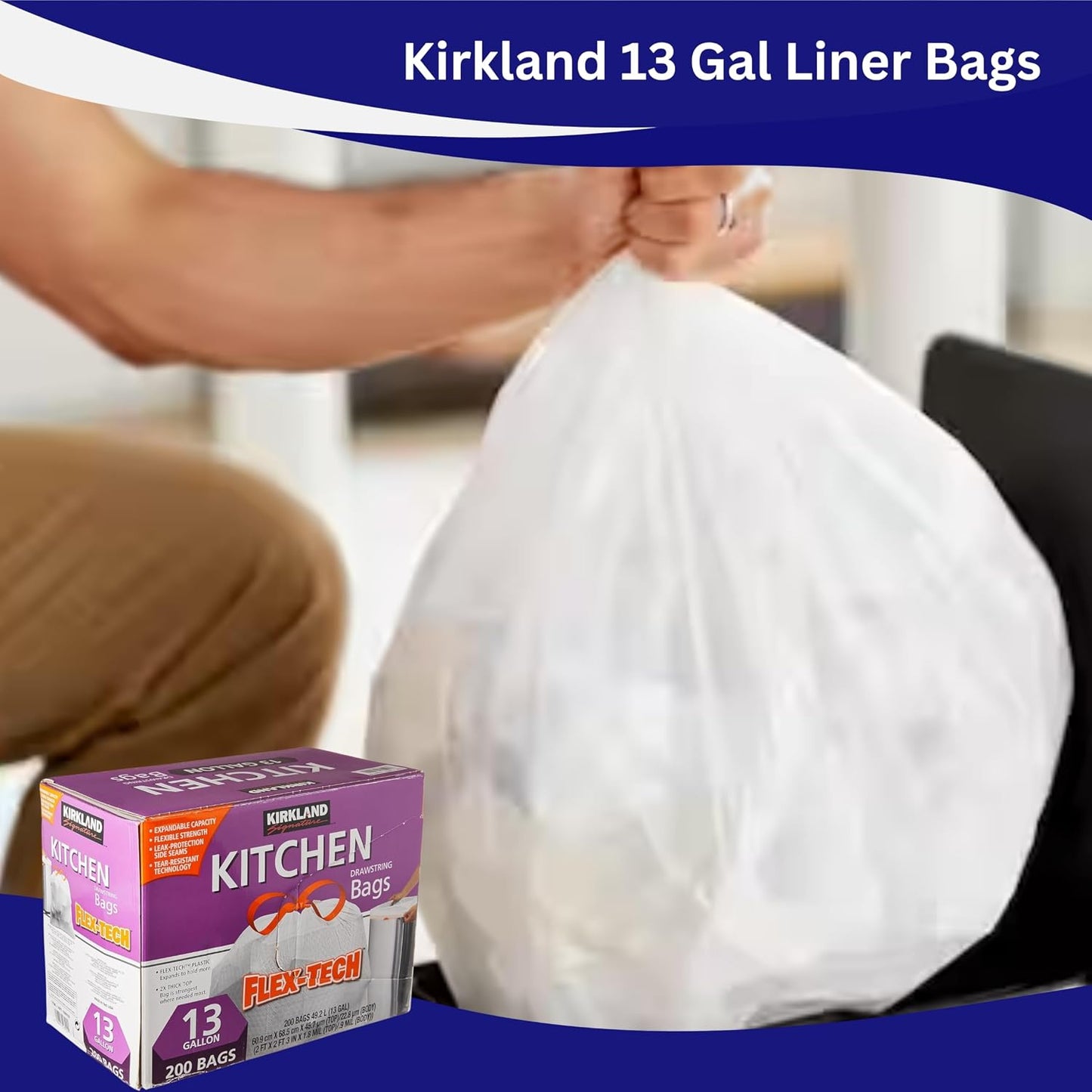 Kirkland Signature 13 Gallon 200 Ct Carton 100% recyclable Heavy Duty Drawstring Kitchen Trash Bags