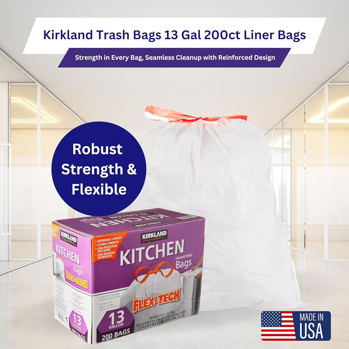 Kirkland Signature 13 Gallon 200 Ct Carton 100% recyclable Heavy Duty Drawstring Kitchen Trash Bags