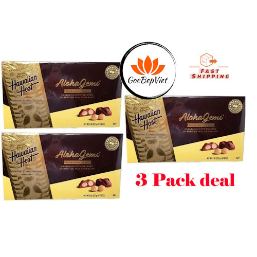 3 PACKS HAWAIIAN HOST ALOHAGEMS MILK CHOCOLATE MACADAMIA NUTS