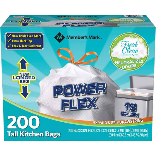 Member's Mark Power Flex Tall Kitchen Drawstring Trash Bags 13 Gallon, 200ct