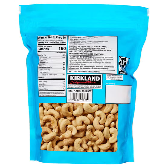 Kirkland Signature Unsalted Cashews, 2.5 Pound (3 Pack)