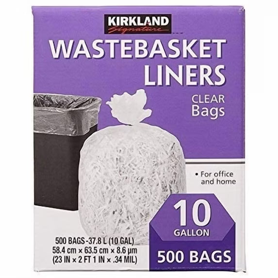 500-count of 10 gallon kirkland signature clear wastebasket liner for office and home, made in usa